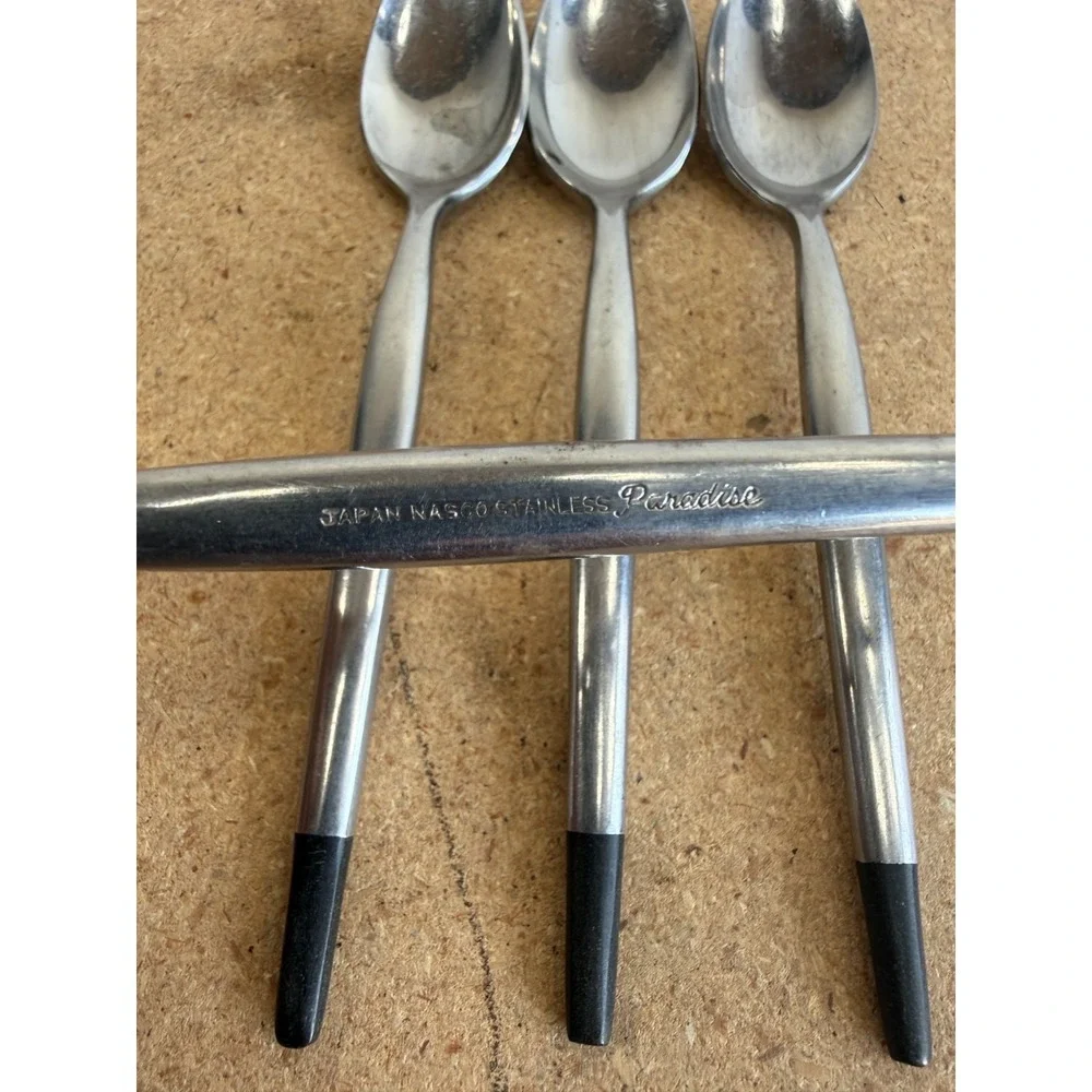 4‎ Nasco Japan Black Plastic Tip Paradise Stainless Flatware Teaspoons, Sugar